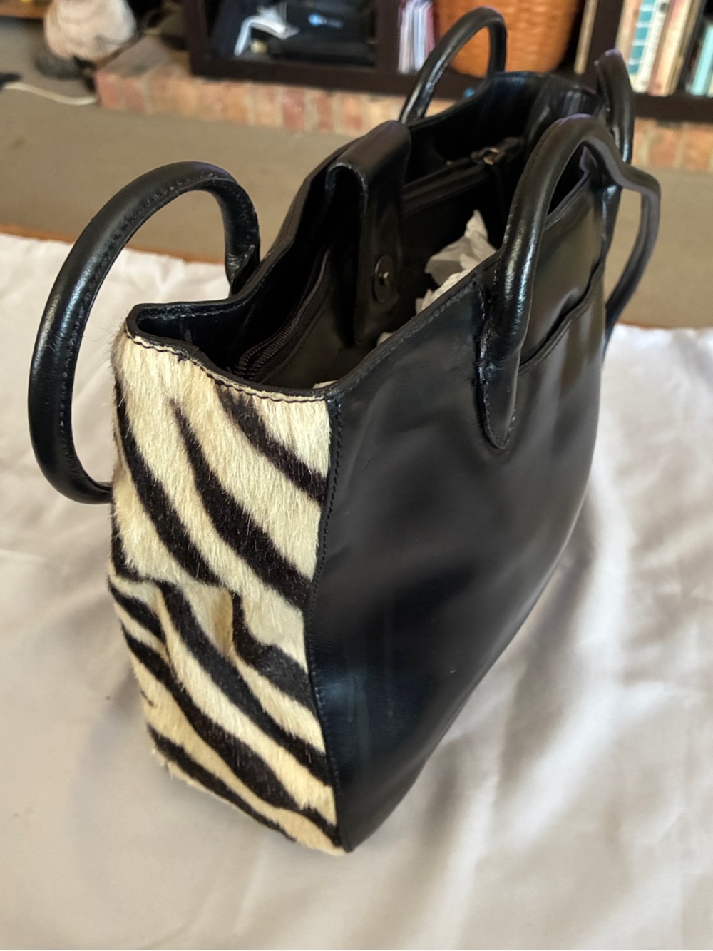 Black Leather Tote with Zebra-Print Haircalf Side Panels